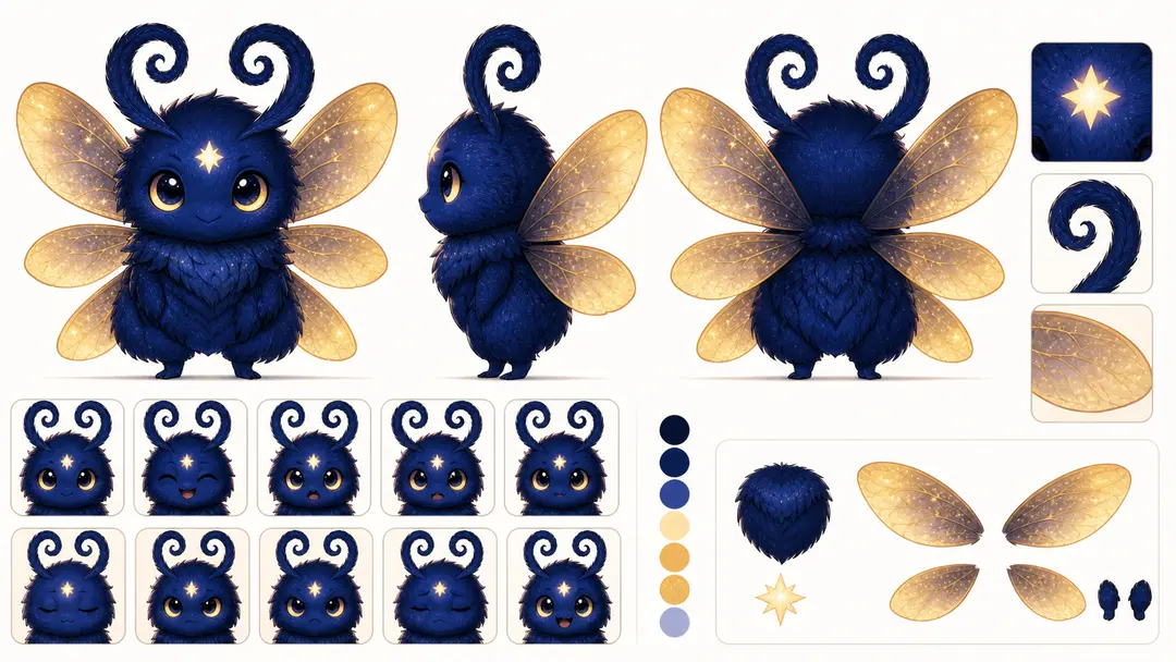 Pominis character design sheet showing a small glowing star-moth companion from several angles