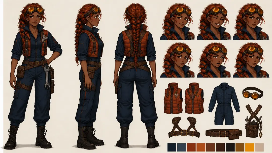 Pominis character design sheet showing a sky-rail mechanic in different poses and outfits